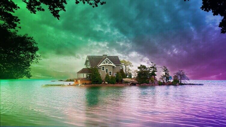 彩虹天光风云涌动的湖中小屋