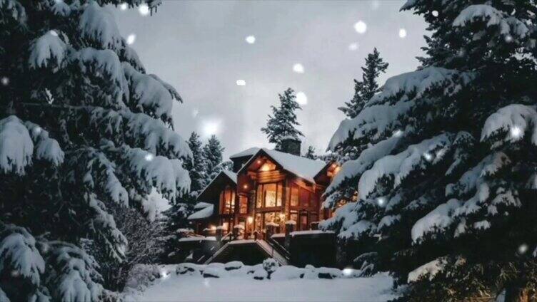 下雪树林里的房屋