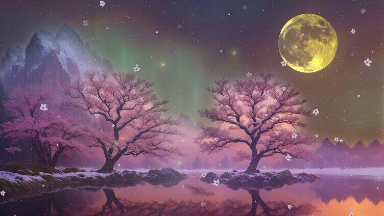 月亮下的粉色树木