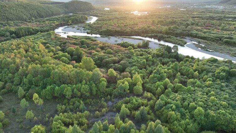 航拍大兴安岭冻土森林与河流秋色