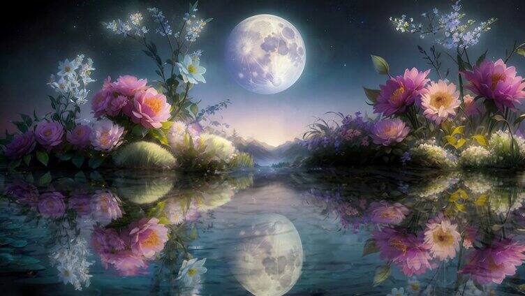 月下花朵湖中倒影