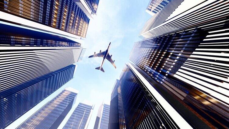 商务飞机飞过城市高楼上空视频