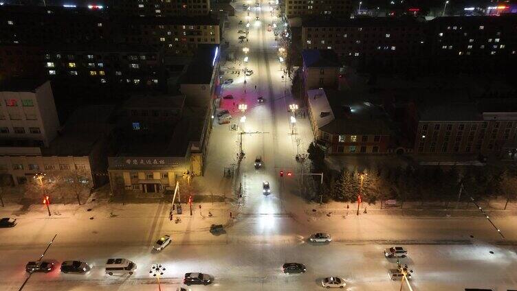 航拍东北城市雪夜灯光夜景