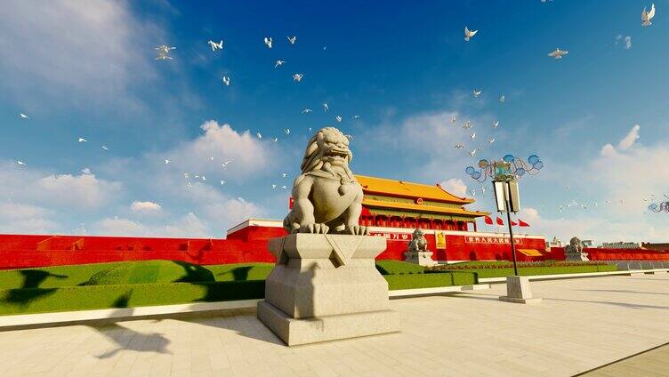 中国北京天安门和飞过的白鸽