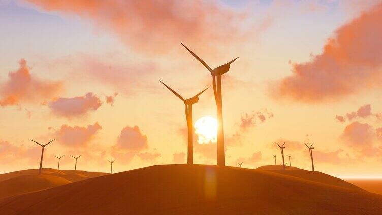 沙漠戈壁滩风力发电和大风车