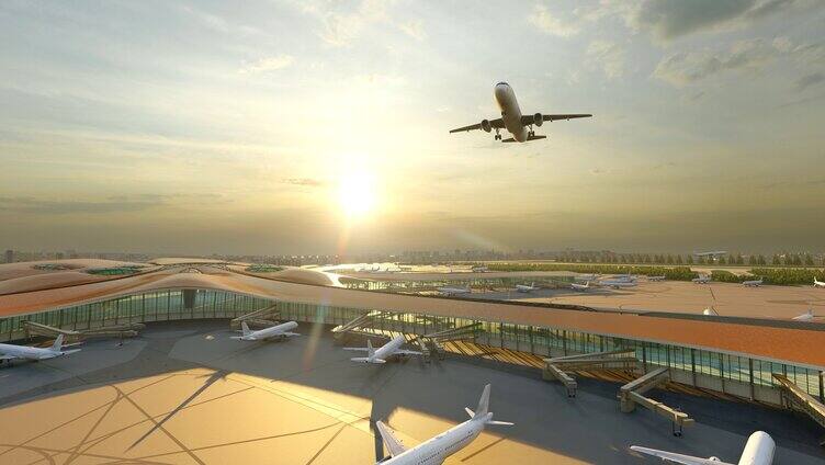 机场飞机迎着太阳起飞
