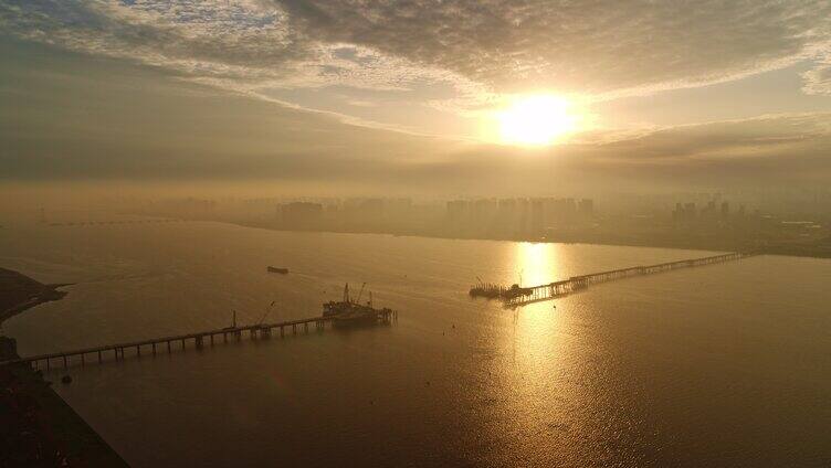 跨江大桥建设工程日落风景「组镜」