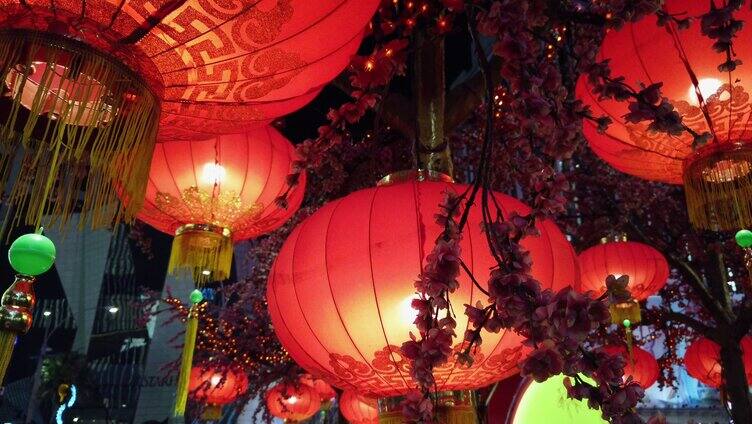 新年红纸灯笼装饰与樱花树
