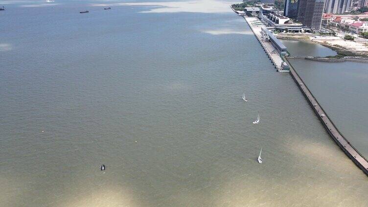 航拍广州南沙游艇会的帆船出海