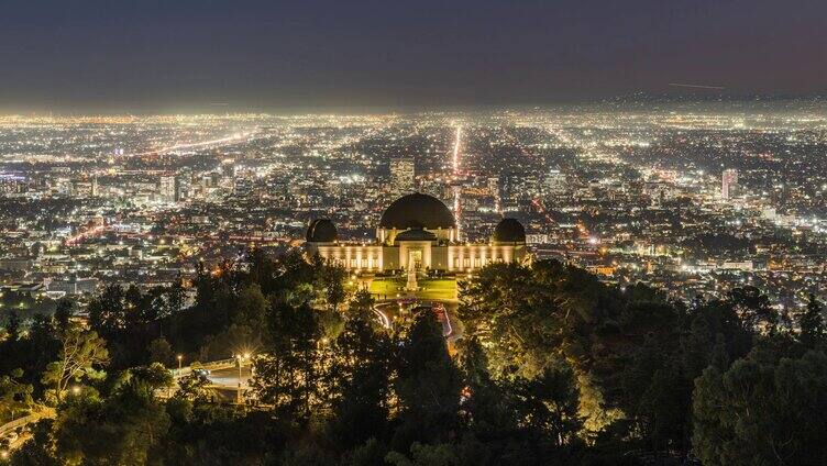 美国加州洛杉矶格里菲斯天文台日落晚霞夜景