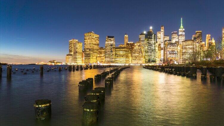 美国纽约曼哈顿日落8K晚霞建筑金融夜景