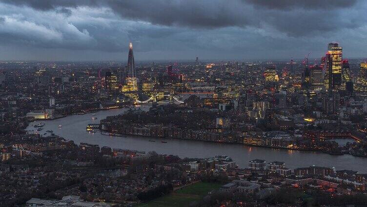 欧洲英国伦敦4K高清城市夜景阴天泰晤士河