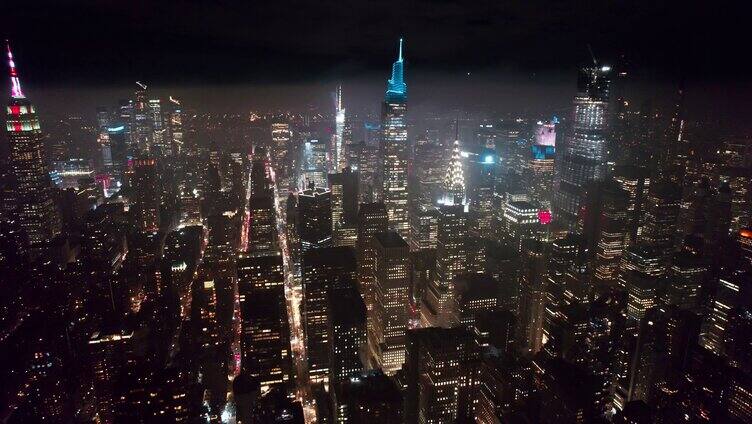 4K美国高清航拍纽约曼哈顿中城夜晚市中心