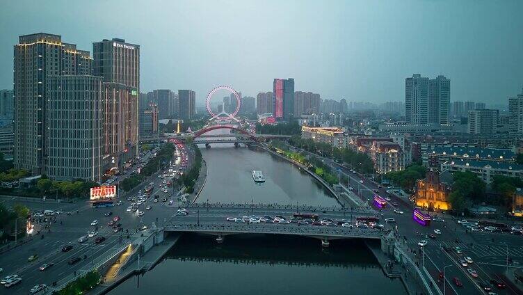 天津海河延时航拍夜景