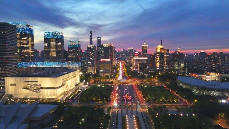 航拍上海浦东世纪大道中轴线火烧云夜景