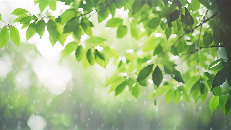 雨天绿叶清新背景 自然绿色背景 下雨