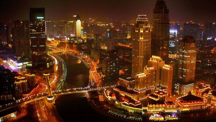 航拍唯美天津地标城市夜景