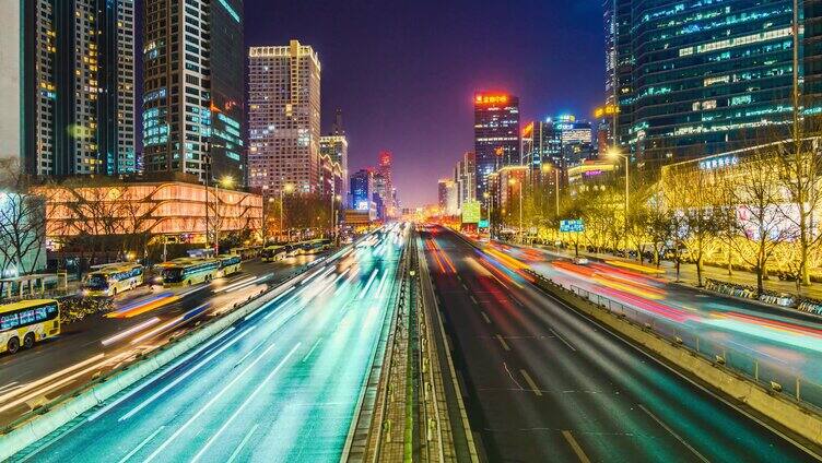 北京节日CBD国贸桥夜景车流延时