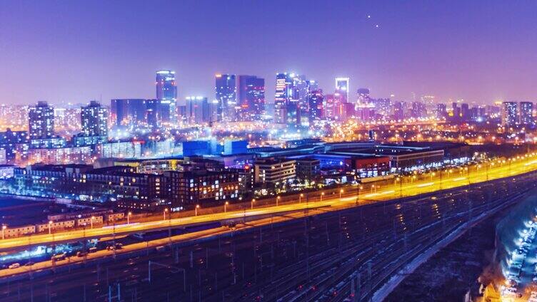 北京城市夜景建筑车流高视角模糊延时