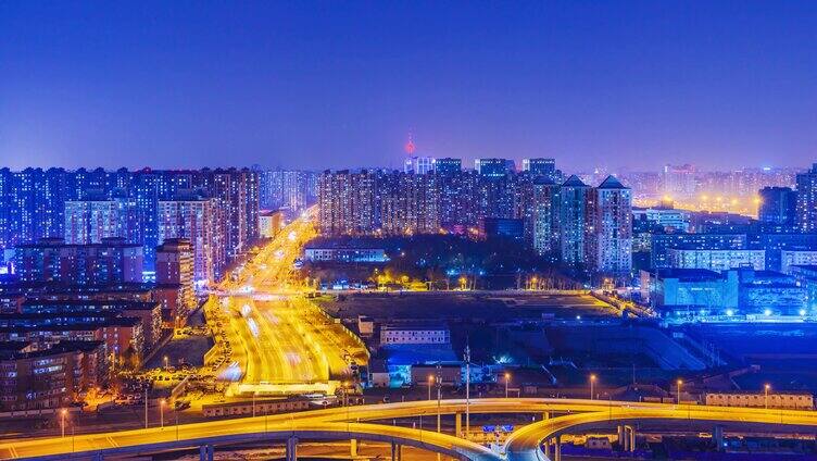 北京中央电视塔城市建筑街道车流高视角夜景