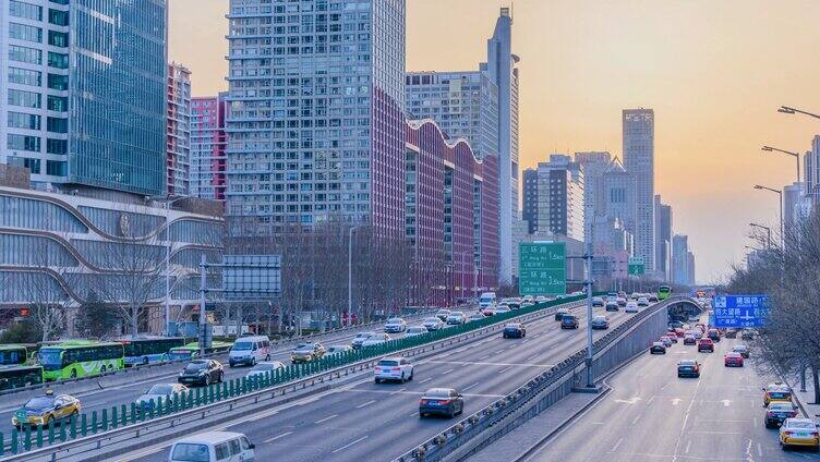 北京国贸CBD国贸桥傍晚夕阳车流延时