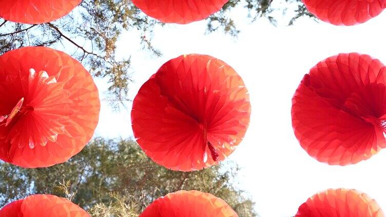 中国北京地坛庙会春节树上悬挂红灯笼
