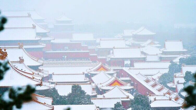 北京冬季下雪天故宫博物院古建筑群风光