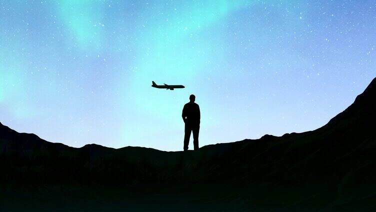 飞机飞过仰望星空的人的头顶