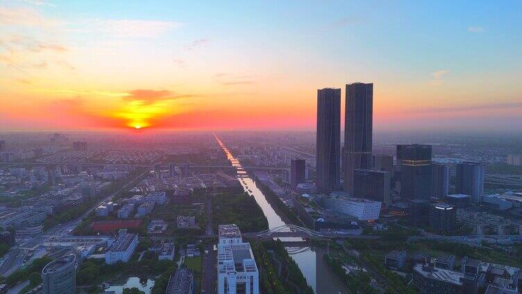 航拍上海张江科学之门日出  金色双子塔