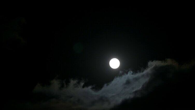 夜黑风高晚上满月与云特写