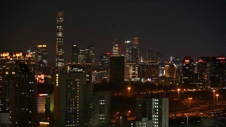 北京朝阳区城市夜景航拍高视角