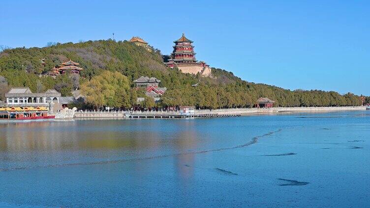 北京冬季颐和园蓝天下建筑与湖面风光