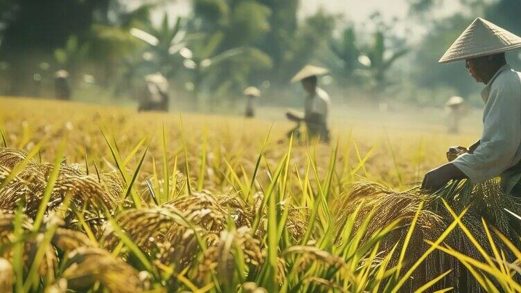 农民种植水稻插秧收割