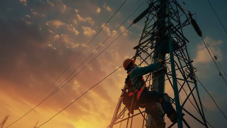 电网高压线铁塔上的维修工人4K