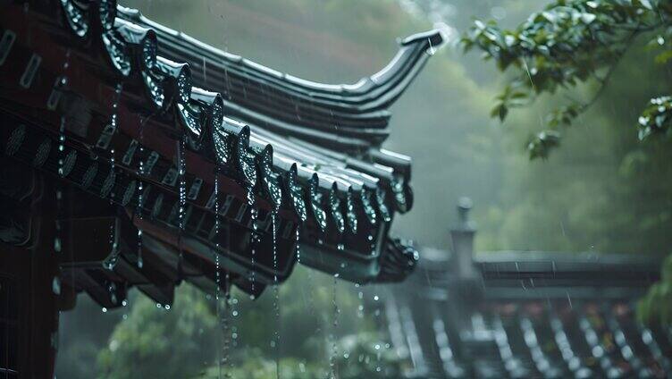 中式建筑雨景画面