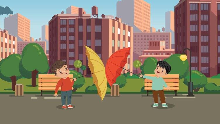小孩下雨撑伞在城市里的动画镜头MG扁平化
