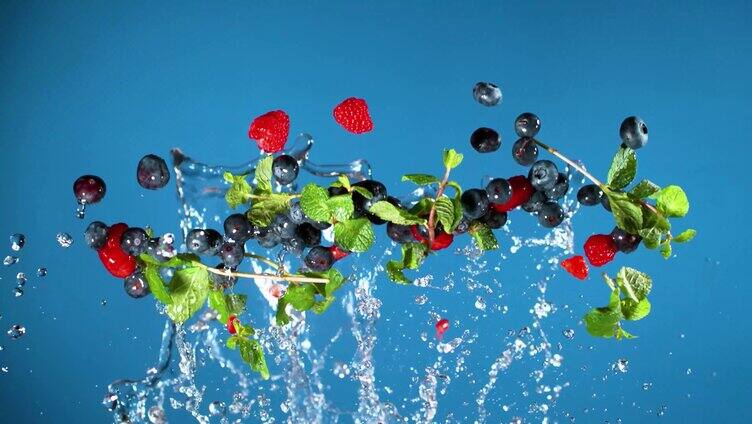 蓝莓树莓薄荷抛向空中蓝莓入水特写