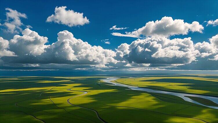 草原蒙古包河流蓝天白云