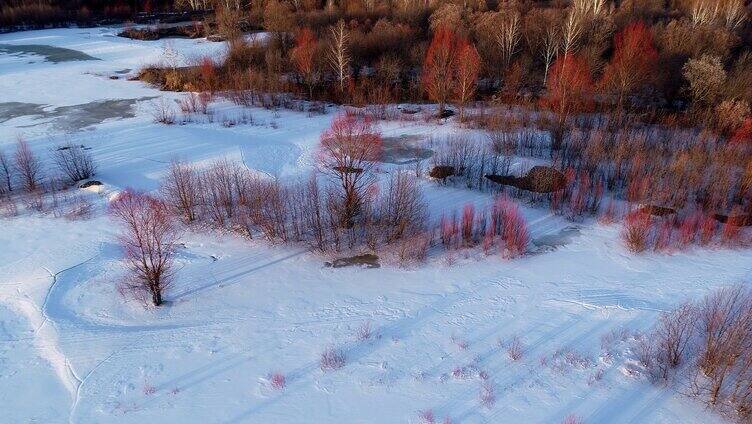 大兴安岭早春雪原冰河红柳