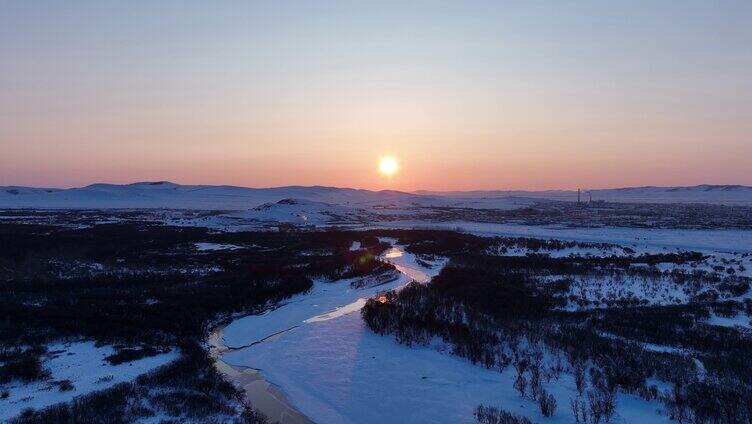 航拍内蒙古亚洲第一湿地雪景