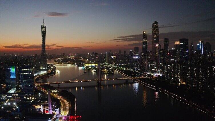 广州塔猎德大桥国金大厦珠江夜景航拍