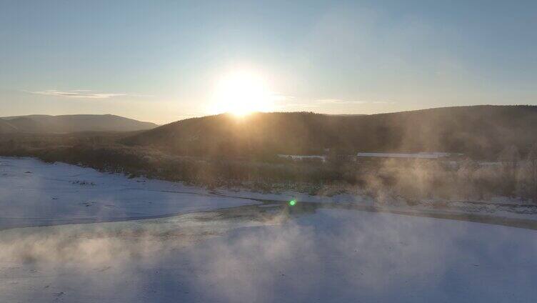 航拍雪原冰河冻雾朝阳