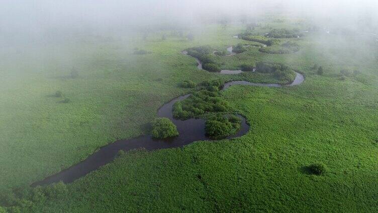 航拍湿地河湾晨雾