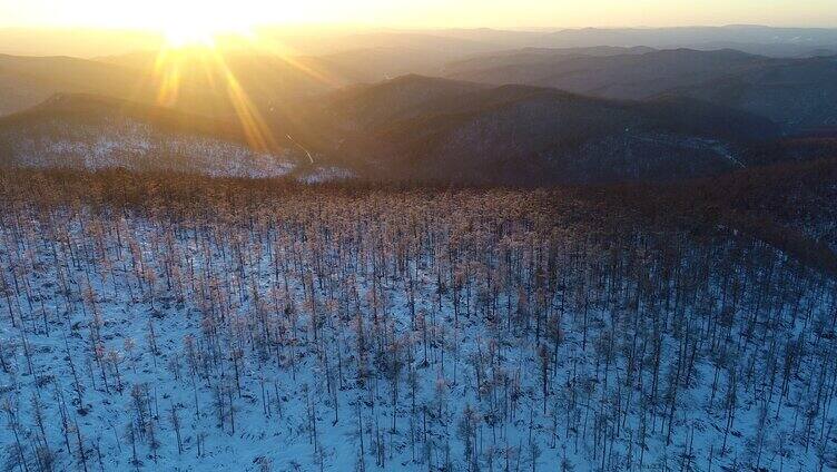 航拍暮色中的大兴安岭雪色山林