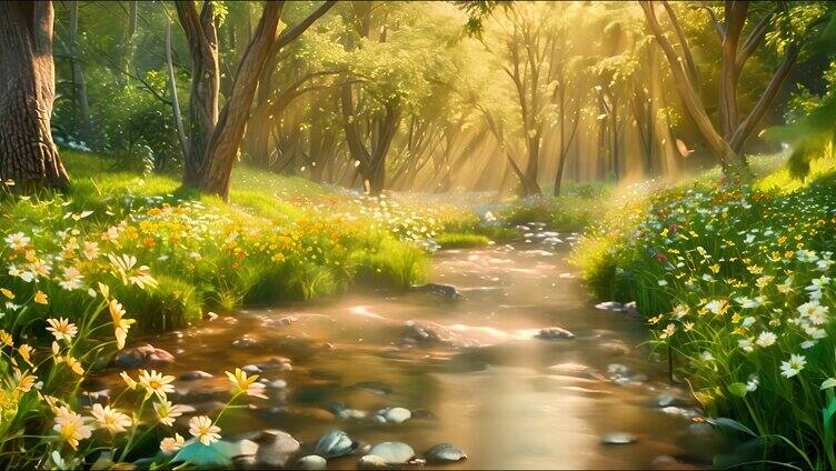 森林溪流小溪 流水潺潺 美丽森林