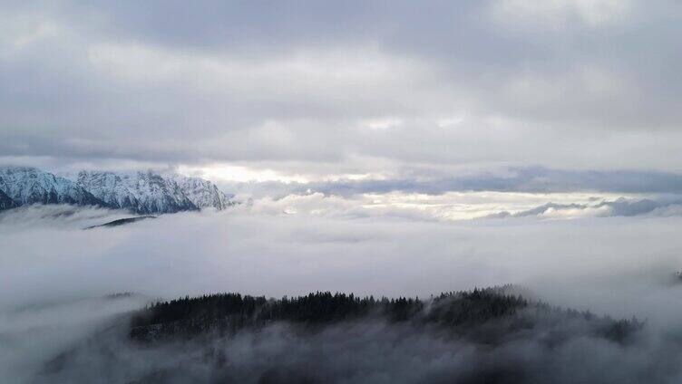 山顶云海翻滚雪山山脊森林云雾翻滚