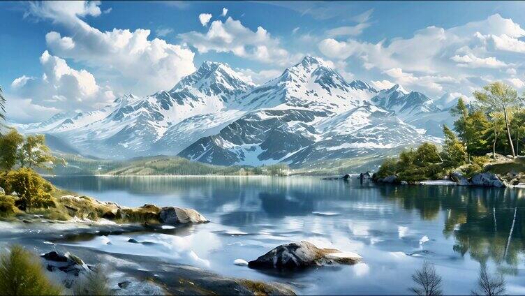 雪山湖泊风景 平静风光湖面