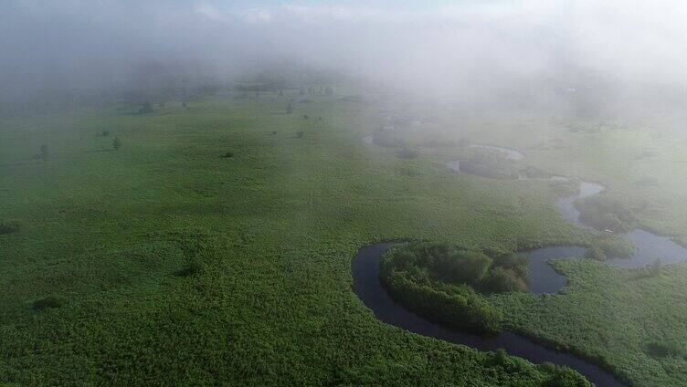 航拍湿地河湾晨雾