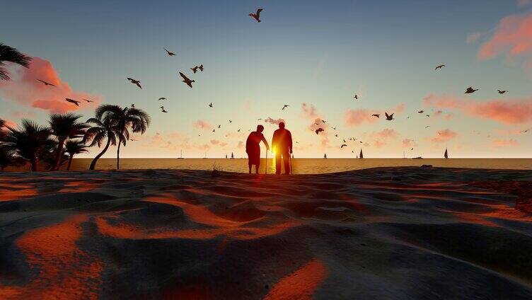 沙滩上看夕阳的老年夫妇背影