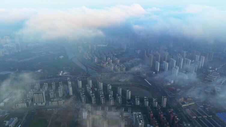 航拍云开雾散看见城市